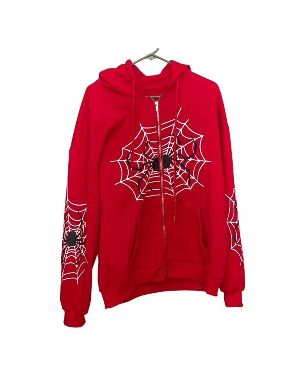 Y2K Red Spider Web Oversized Zip Up Hoodie Graphic Streetwear Size L